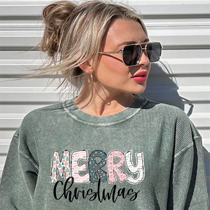 Merry Christmas Olive Green Corded Sweatshirt